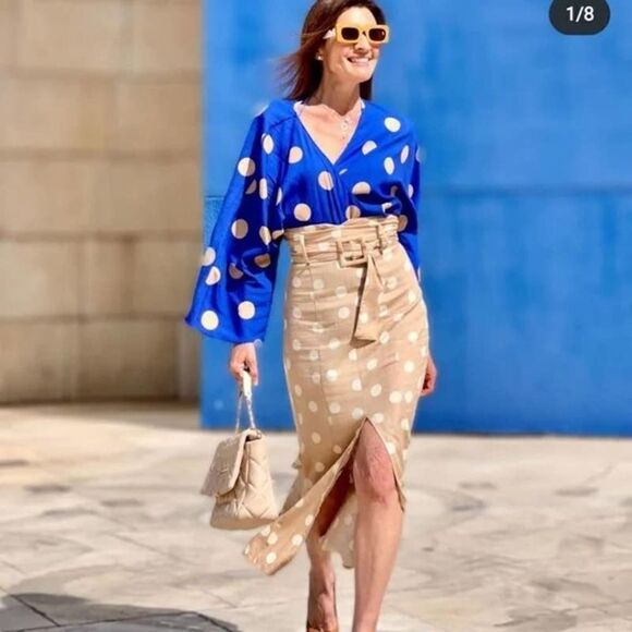 Zara Polka Dot Skirt with Belt Small New Beige Linen Blend Measurements - Picture 1 of 6